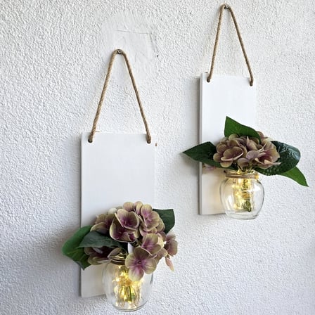 Led Işıklı, Yeşil Islak Ortanca Çiçekli Duvar Dekoru Beyaz İkili Set