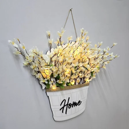 Led Işıklı ve Beyaz Sakura Çiçekli Kapı ve Duvar Dekoru