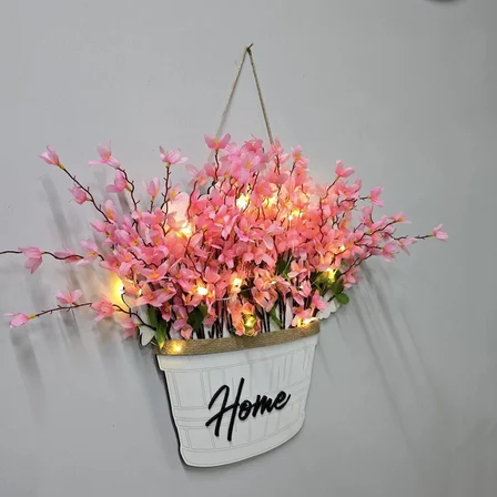 Stdekor Sakura Çiçekli Duvar Süsü Led Işıklı Ahşap Home Yazılı 39x37 cm