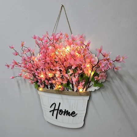 Stdekor Sakura Çiçekli Duvar Süsü Led Işıklı Ahşap Home Yazılı 39x37 cm