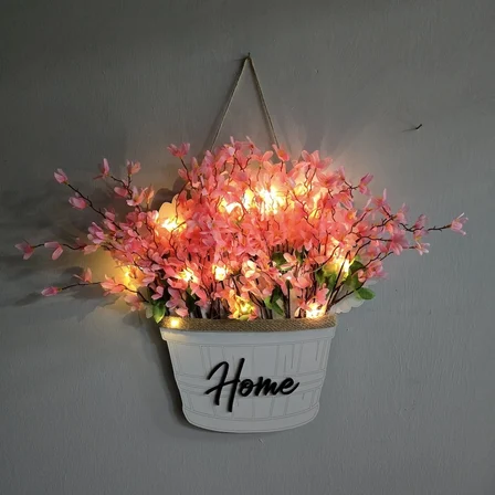 Stdekor Sakura Çiçekli Duvar Süsü Led Işıklı Ahşap Home Yazılı 39x37 cm
