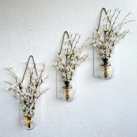 Led Işıklı, Beyaz Sakura Çiçekli Duvar Dekoru ÜÇLÜ Set, Beyaz