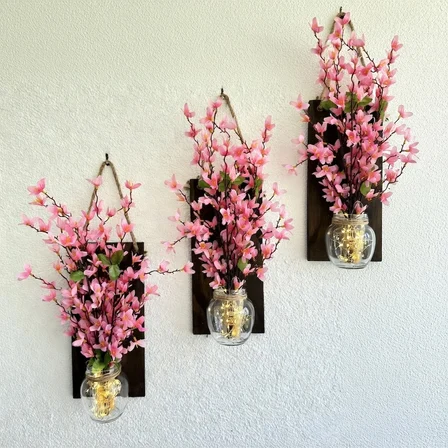 Led Işıklı, Pembe Sakura Çiçekli Duvar Dekoru ÜÇLÜ Set, Ceviz