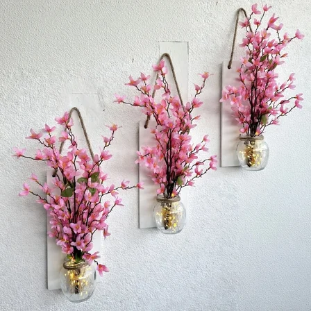 Led Işıklı, Pembe Sakura Çiçekli Duvar Dekoru ÜÇLÜ Set, Beyaz