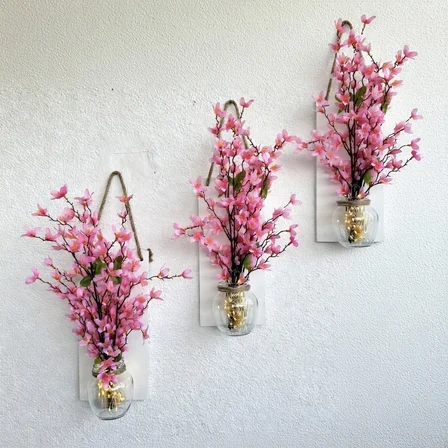 Led Işıklı, Pembe Sakura Çiçekli Duvar Dekoru ÜÇLÜ Set, Beyaz