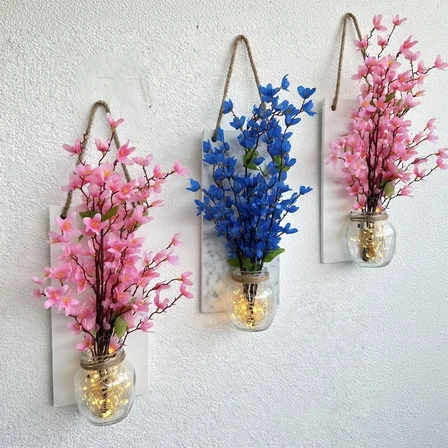 Led Işıklı, Pembe ve Mavi Sakura Çiçekli Duvar Dekoru ÜÇLÜ Set, Beyaz