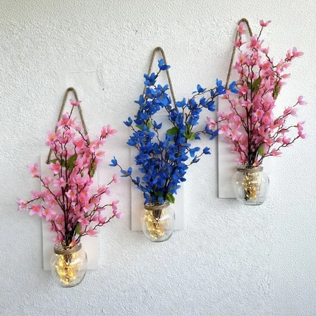 Led Işıklı, Pembe ve Mavi Sakura Çiçekli Duvar Dekoru ÜÇLÜ Set, Beyaz