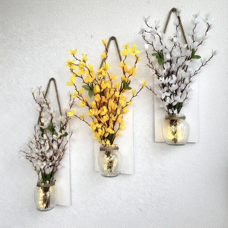 Led Işıklı, Beyaz ve Sarı Sakura Çiçekli Duvar Dekoru ÜÇLÜ Set, Beyaz