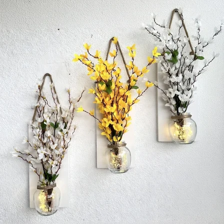 Led Işıklı, Beyaz ve Sarı Sakura Çiçekli Duvar Dekoru ÜÇLÜ Set, Beyaz