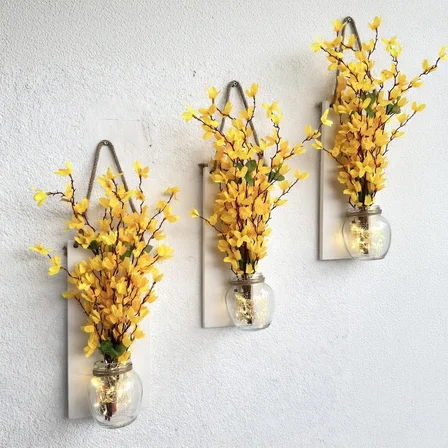 Led Işıklı, Sarı Sakura Çiçekli Duvar Dekoru ÜÇLÜ Set, Beyaz