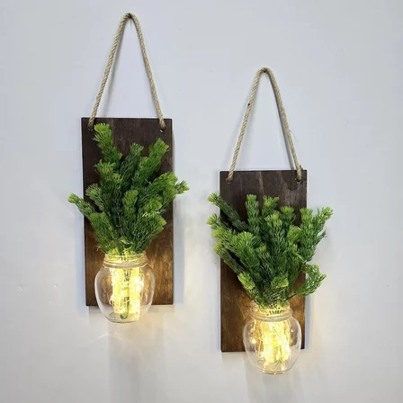 Led Işıklı, Süpürge Otu Çiçekli Duvar Dekoru İkili Set, Ceviz