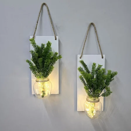 Led Işıklı, Süpürge Otu Çiçekli Duvar Dekoru İkili Set, Beyaz