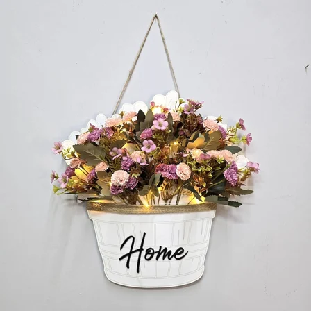 Stdekor Home Temalı Ledli Ahşap Duvar Süsü 39x37 cm Pembe Çiçekli Dekoratif Tablo