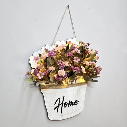 Stdekor Home Temalı Ledli Ahşap Duvar Süsü 39x37 cm Pembe Çiçekli Dekoratif Tablo