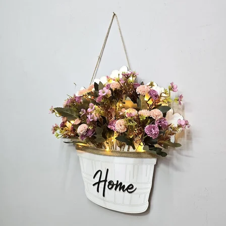 Stdekor Home Temalı Ledli Ahşap Duvar Süsü 39x37 cm Pembe Çiçekli Dekoratif Tablo