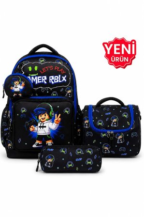 4’lü Set, Erkek Çocuk Desenli İlkokul Okul Çantası + Beslenme Çantası + Kalemlik + Silgilik