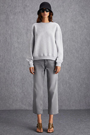 Basic Bisiklet Yaka Oversize Sweatshirt - Gri