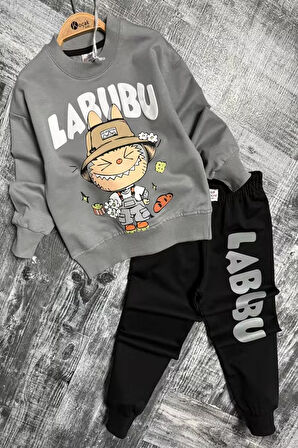 Labubu Desenli Erkek Çocuk Gri Renk Eşofman Takım