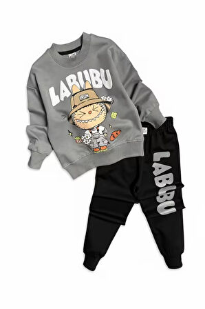 Labubu Desenli Erkek Çocuk Gri Renk Eşofman Takım