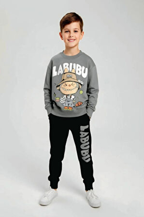 Labubu Desenli Erkek Çocuk Gri Renk Eşofman Takım