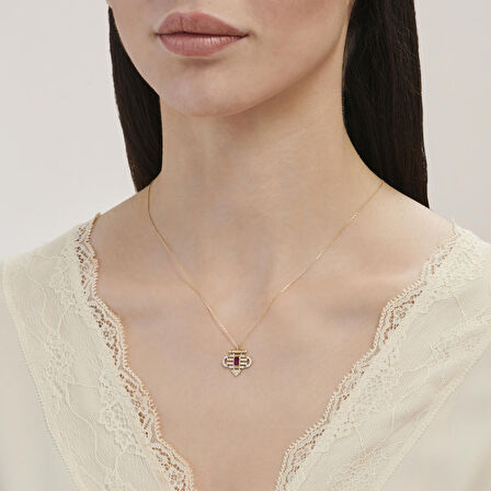 Bordo Taşlı Altın Kolye