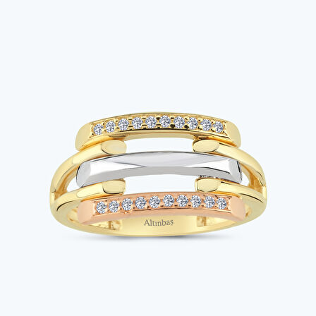 Altın Üç Renkli Sıra Taş Yüzük