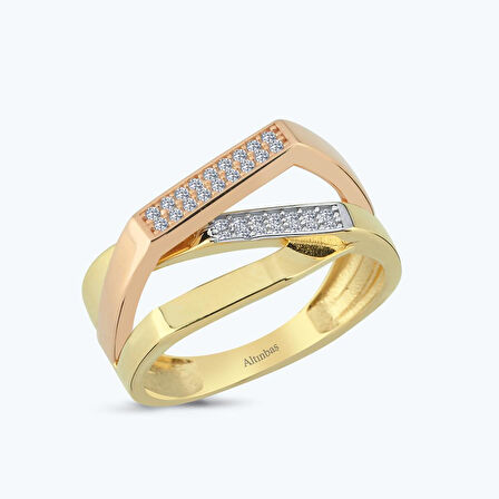 Altın İki Renk Taşlı Yüzük