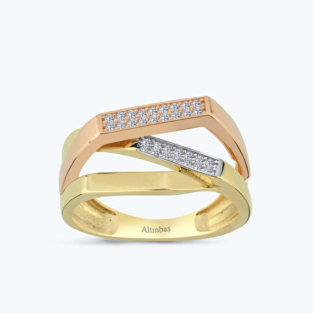 Altın İki Renk Taşlı Yüzük