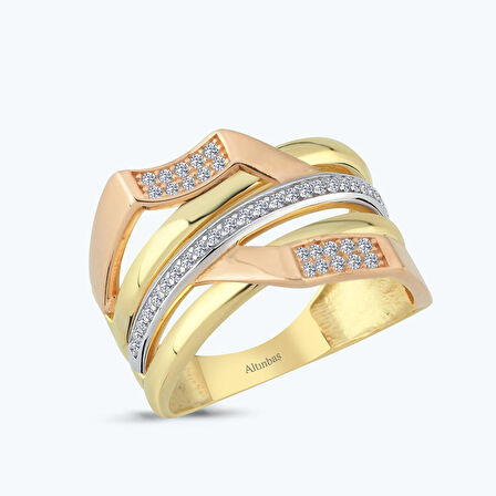 Altın İki Renk Taşlı Yüzük