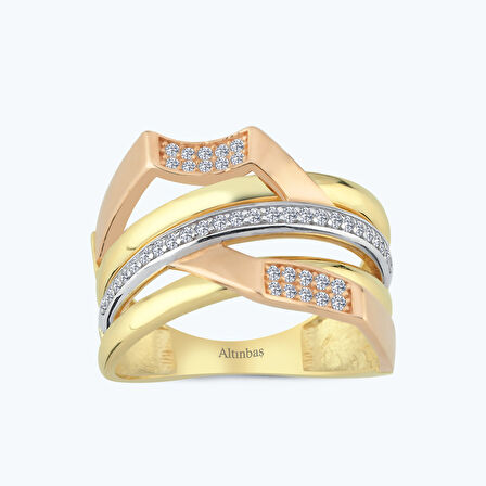 Altın İki Renk Taşlı Yüzük