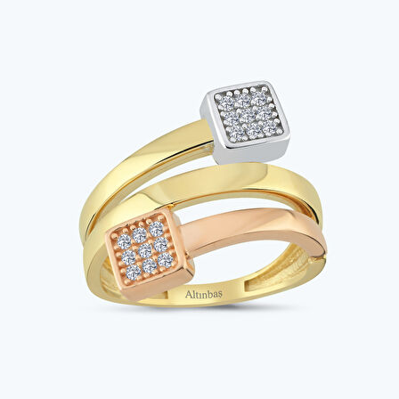 Altın İki Renk Taşlı Yüzük