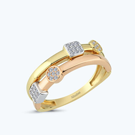 Altın İki Renk Taşlı Yüzük