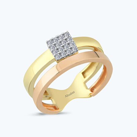 Altın İki Renk Taşlı Yüzük