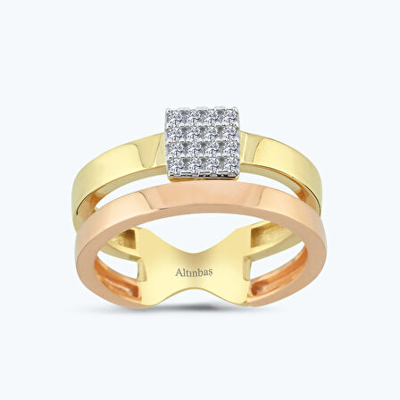 Altın İki Renk Taşlı Yüzük