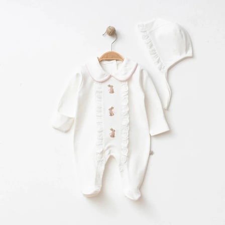 OBABY KIZ BEBEK 0- 3 -3-6 AY TAVŞAN NAKIŞLI FİSTOLU KENDİNDEN ELDİVENLİ TULUM