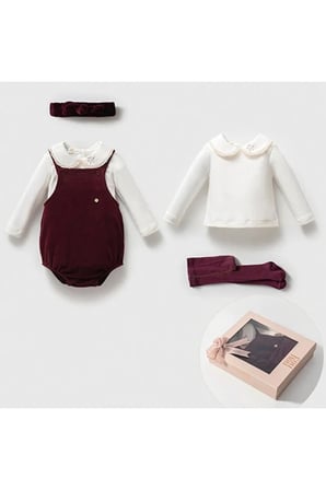 Kız Bebek 3–6 Ay Bordo Kadife Tulum Body 4’lü Takım – Kutulu Özel Tasarım