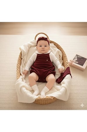 Kız Bebek 3–6 Ay Bordo Kadife Tulum Body 4’lü Takım – Kutulu Özel Tasarım