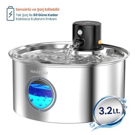 Haustier W2 Otomatik Kablosuz Kedi Su Pınarı, Sensörlü , Bataryalı , Ultra Sessiz, Çelik , 3.2Lt Hazne