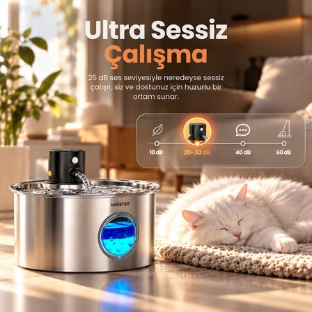 Haustier W2 Otomatik Kablosuz Kedi Su Pınarı, Sensörlü , Bataryalı , Ultra Sessiz, Çelik , 3.2Lt Hazne