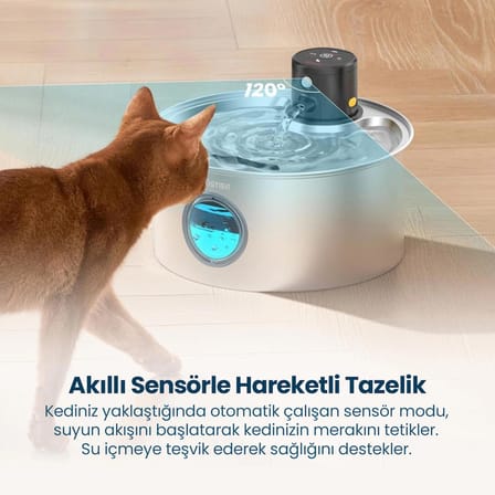 Haustier W2 Otomatik Kablosuz Kedi Su Pınarı, Sensörlü , Bataryalı , Ultra Sessiz, Çelik , 3.2Lt Hazne