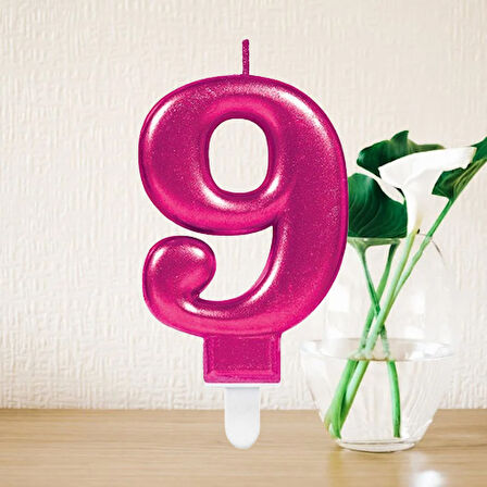 Mum Fuşya Pembe ışıltılı 9 Yaş mumu Koyu Pembe 8cm büyük doğum günü mumu
