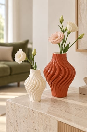 Natura Home Decor Dalgalı Tasarım 2'li Dekoratif Taş Vazo Seti Kiremit & Kırık Beyaz 20 cm / 14 cm