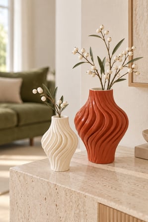 Natura Home Decor Dalgalı Tasarım 2'li Dekoratif Taş Vazo Seti Kiremit & Kırık Beyaz 20 cm / 14 cm