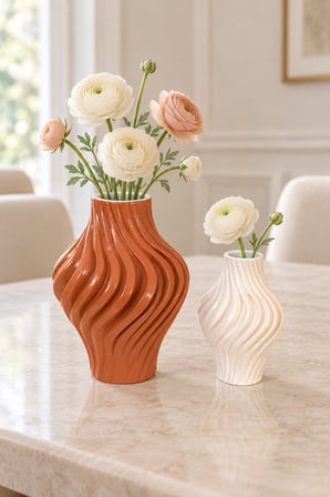Natura Home Decor Dalgalı Tasarım 2'li Dekoratif Taş Vazo Seti Kiremit & Kırık Beyaz 20 cm / 14 cm
