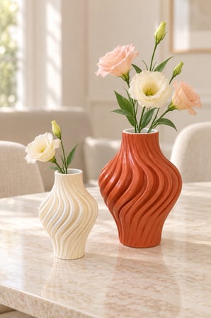 Natura Home Decor Dalgalı Tasarım 2'li Dekoratif Taş Vazo Seti Kiremit & Kırık Beyaz 20 cm / 14 cm