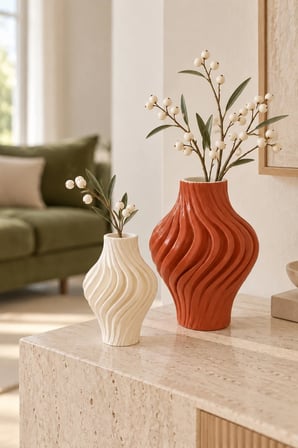 Natura Home Decor Dalgalı Tasarım 2'li Dekoratif Taş Vazo Seti Kiremit & Kırık Beyaz 20 cm / 14 cm