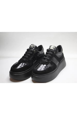 KADIN HAKİKİ DERİ SİYAH SÜET VE TİMSAH BASKI GÜNLÜK SNEAKER DERİ