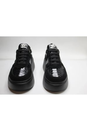 KADIN HAKİKİ DERİ SİYAH SÜET VE TİMSAH BASKI GÜNLÜK SNEAKER DERİ