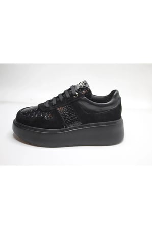 KADIN HAKİKİ DERİ SİYAH SÜET VE TİMSAH BASKI GÜNLÜK SNEAKER DERİ