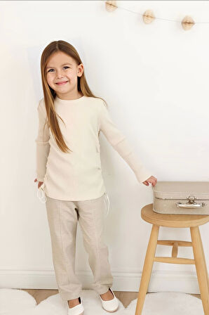 Ekose Pantolonlu Krem Renk Kız Çocuk Takım